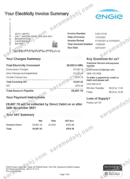 UNITED KINGDOM ENGIE utility bill Word and PDF template